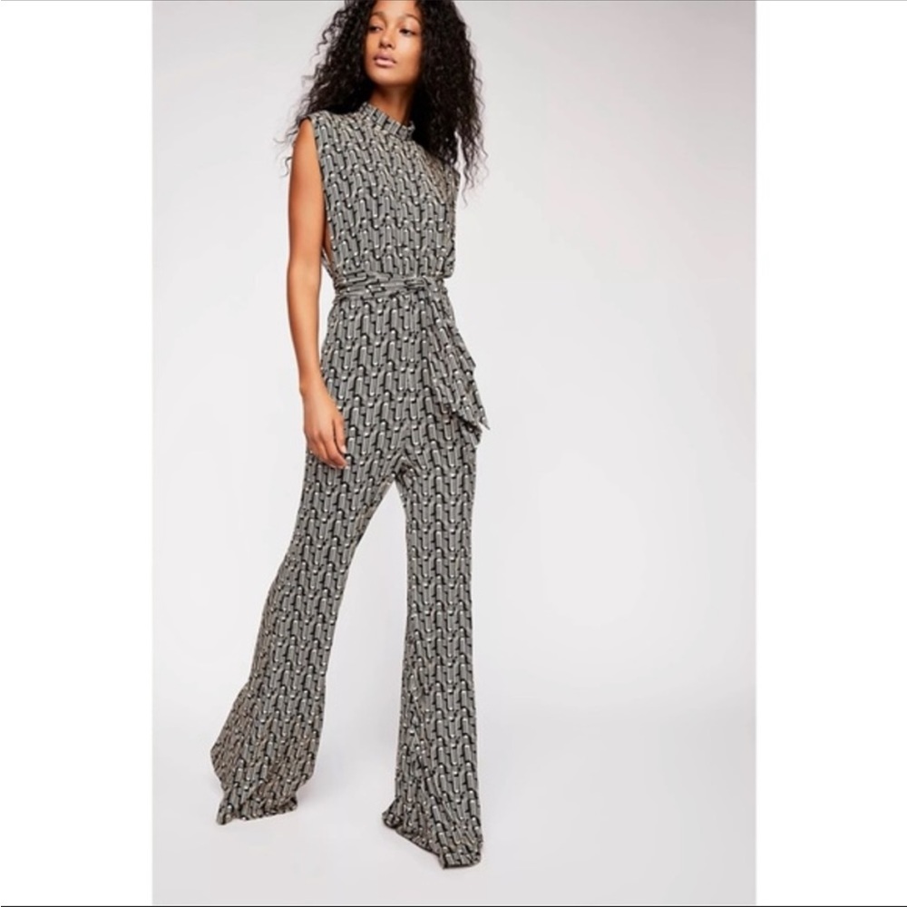 Free People Black and Gray Patterned Jumpsuit
